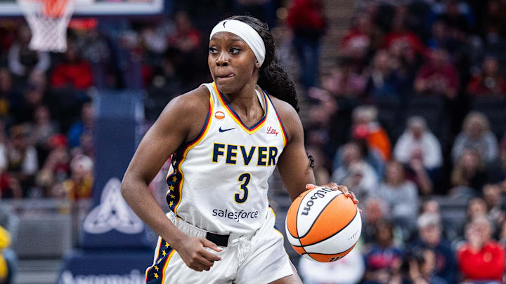 Apr 30, 2026; Indianapolis, IN, USA; Indiana Fever guard Raven Johnson (3) dribbles the ball  in the second half against the Dallas Wings at the Gainbridge Fieldhouse. Mandatory Credit: Trevor Ruszkowski-Imagn Images