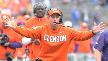 Nov 16, 2024; Pittsburgh, Pennsylvania, USA; Clemson Tigers head coach Dabo Swinney reacts to a Tigers penalty against the Pittsburgh Panthers during the first quarter at Acrisure Stadium. Mandatory Credit: Charles LeClaire-Imagn Images