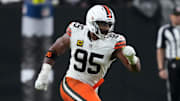 Nov 23, 2025; Paradise, Nevada, USA; Cleveland Browns defensive end Myles Garrett (95) against the Las Vegas Raiders in the second half at Allegiant Stadium. Mandatory Credit: Kirby Lee-Imagn Images