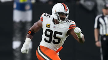 Nov 23, 2025; Paradise, Nevada, USA; Cleveland Browns defensive end Myles Garrett (95) against the Las Vegas Raiders in the second half at Allegiant Stadium. Mandatory Credit: Kirby Lee-Imagn Images