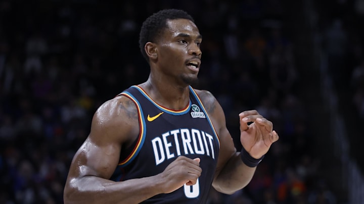 Mar 26, 2026; Detroit, Michigan, USA;  Detroit Pistons center Jalen Duren (0) celebrates in the second half against the New Orleans Pelicans at Little Caesars Arena. Mandatory Credit: Rick Osentoski-Imagn Images
