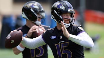 Jun 10, 2025; Baltimore, MD, USA; Baltimore Ravens quarterback Cooper Rush (15) throws during an NFL OTA at Under Armour Performance Center. Mandatory Credit: Daniel Kucin Jr.-Imagn Images