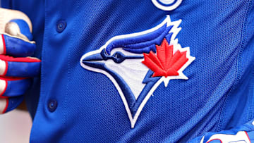 Mar 25, 2018; Dunedin, FL, USA; A view of the Blue Jays logo on an official Majestic game jersey during a game between the Pittsburgh Pirates and the Toronto Blue Jays at Florida Auto Exchange Stadium. 