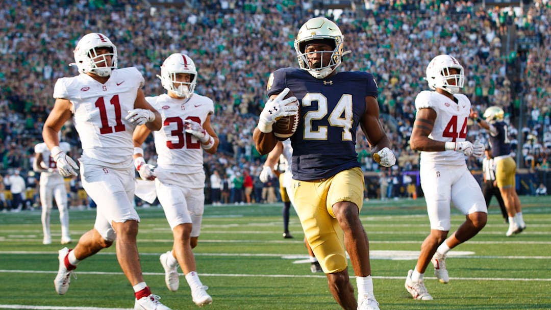 Notre Dame running back Jadarian Price (24) runs into the end zone for a touchdown during a NCAA college football game between Notre Dame and Stanford at Notre Dame Stadium on Saturday, Oct. 12, 2024, in South Bend.