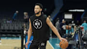 Jan 29, 2025; Charlotte, North Carolina, USA; Brooklyn Nets guard Ben Simmons (10) during pre game warm ups against the Charlotte Hornets at Spectrum Center. Mandatory Credit: Jim Dedmon-Imagn Images