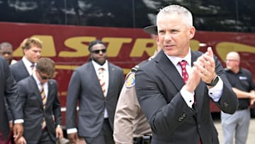 Aug 30, 2025; Tallahassee, Florida, USA; Florida State Seminoles head coach Mike Norvell arrives before the game against the Alabama Crimson Tide at Doak S. Campbell Stadium. Mandatory Credit: Melina Myers-Imagn Images