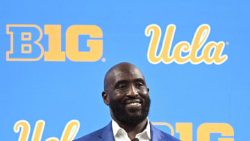 Jul 24, 2024; Indianapolis, IN, USA;  UCLA Bruins head coach DeShaun Foster speaks to the media during the Big 10 football media day at Lucas Oil Stadium. Mandatory Credit: Robert Goddin-USA TODAY Sports