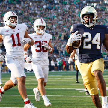 Notre Dame running back Jadarian Price (24) runs into the end zone for a touchdown during a NCAA college football game between Notre Dame and Stanford at Notre Dame Stadium on Saturday, Oct. 12, 2024, in South Bend.