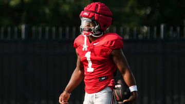 Aug 8, 2024; Columbus, Ohio, USA; Ohio State Buckeyes running back Quinshon Judkins (1) carries the ball during football practice at the Woody Hayes Athletic Complex.