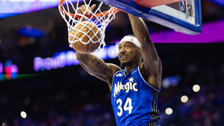 Apr 12, 2024; Orlando Magic center Wendell Carter Jr. (34) dunks the ball against the Philadelphia 76ers during the first quarter at Wells Fargo Center.