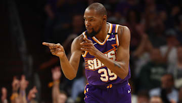Mar 24, 2025; Phoenix, Arizona, USA; Phoenix Suns forward Kevin Durant (35) reacts against the Milwaukee Bucks at Footprint Center. Mandatory Credit: Mark J. Rebilas-Imagn Images