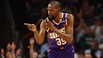 Mar 24, 2025; Phoenix, Arizona, USA; Phoenix Suns forward Kevin Durant (35) reacts against the Milwaukee Bucks at Footprint Center. Mandatory Credit: Mark J. Rebilas-Imagn Images
