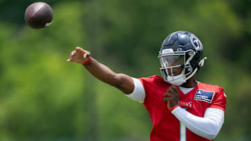 Tennessee Titans quarterback Cam Ward (1) throws in drills during OTAs at Ascension Saint Thomas Sports Park in Nashville, Tenn., Wednesday, May 28, 2025.