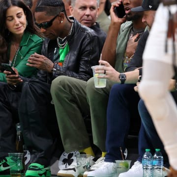 Travis Scott debuted unreleased sneakers at the NBA Finals.