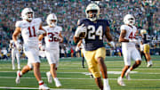 Notre Dame running back Jadarian Price (24) runs into the end zone for a touchdown during a NCAA college football game between Notre Dame and Stanford at Notre Dame Stadium on Saturday, Oct. 12, 2024, in South Bend.