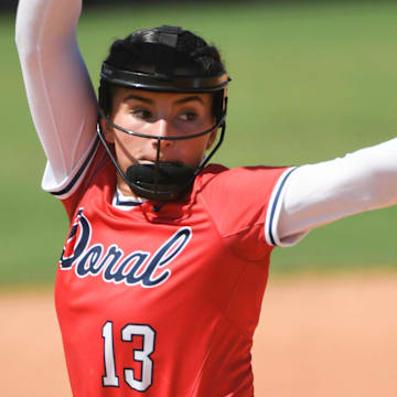 Alyssa Zabala of Doral Academy pitches against the Melbourne Bulldogs in the FHSAA state Class 6A softball championship game Saturday, May 28, 2022. Craig Bailey/FLORIDA TODAY via USA TODAY NETWORK

High School Softball Melbourne Vs Doral Academy