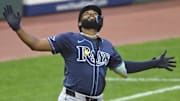 Tampa Bay Rays third baseman Junior Caminero (13) celebrates his two-run home run against the Cleveland Guardians. 