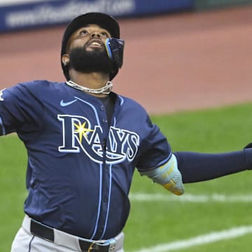 Tampa Bay Rays third baseman Junior Caminero (13) celebrates his two-run home run against the Cleveland Guardians. 