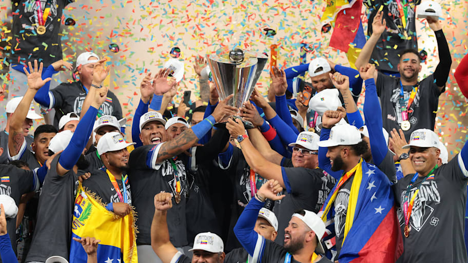 Venezuela reacts on the stage after defeating the United States during the 2026 World Baseball Classic Championship game