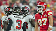 Nov 4, 2024; Kansas City, Missouri, USA; Kansas City Chiefs tight end Travis Kelce (87) celebrates after a first down during the first half against the Tampa Bay Buccaneers at GEHA Field at Arrowhead Stadium. Mandatory Credit: Jay Biggerstaff-Imagn Images