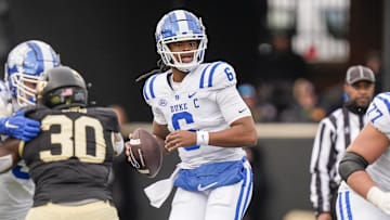 Nov 30, 2024; Winston-Salem, North Carolina, USA; Duke Blue Devils quarterback Maalik Murphy (6) looks for an open receiver against the Wake Forest Demon Deacons during the second half at Allegacy Federal Credit Union Stadium. Mandatory Credit: Jim Dedmon-Imagn Images