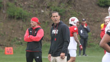 Wisconsin football coach Luke Fickell watches the team's 10th spring practice, which was held on a practice field north of Camp Randall Stadium in Madison, Wis., on Saturday, April 20, 2024.