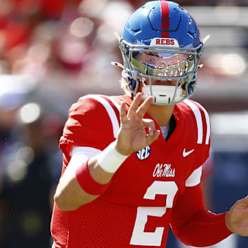 Sep 7, 2024; Oxford, Mississippi, USA; Mississippi Rebels quarterback Jaxson Dart (2) gives direction prior to the snap during the first half against the Middle Tennessee Blue Raiders at Vaught-Hemingway Stadium. Mandatory Credit: Petre Thomas-Imagn Images