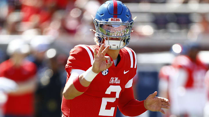 Sep 7, 2024; Oxford, Mississippi, USA; Mississippi Rebels quarterback Jaxson Dart (2) gives direction prior to the snap during the first half against the Middle Tennessee Blue Raiders at Vaught-Hemingway Stadium. Mandatory Credit: Petre Thomas-Imagn Images