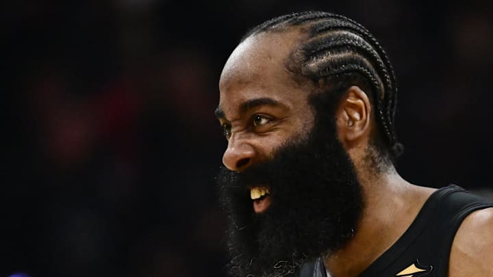May 3, 2026; Cleveland, Ohio, USA; Cleveland Cavaliers guard James Harden (1) reacts after a play against the Toronto Raptors during the second half of game seven in the first round of the 2026 NBA Playoffs at Rocket Arena. Mandatory Credit: Ken Blaze-Imagn Images