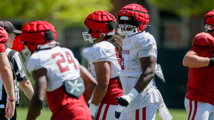 David Stone (0) runs drills during an Oklahoma football practice in Norman, Okla., on Friday, April 12, 2024.