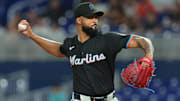 Sep 12, 2025; Miami, Florida, USA; Miami Marlins starting pitcher Sandy Alcantara (22) delivers a pitch against the Detroit Tigers during the first inning at loanDepot Park. Mandatory Credit: Sam Navarro-Imagn Images