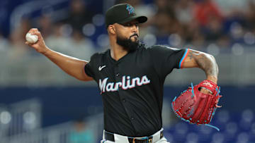 Sep 12, 2025; Miami, Florida, USA; Miami Marlins starting pitcher Sandy Alcantara (22) delivers a pitch against the Detroit Tigers during the first inning at loanDepot Park. Mandatory Credit: Sam Navarro-Imagn Images