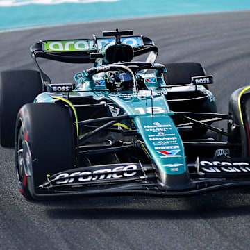 May 4, 2024; Miami Gardens, Florida, USA; Aston Martin driver Lance Stroll (18) during F1 qualifying for Miami Grand Prix at Miami International Autodrome. Mandatory Credit: Peter Casey-Imagn Images