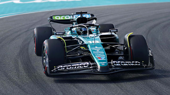 May 4, 2024; Miami Gardens, Florida, USA; Aston Martin driver Lance Stroll (18) during F1 qualifying for Miami Grand Prix at Miami International Autodrome. Mandatory Credit: Peter Casey-Imagn Images