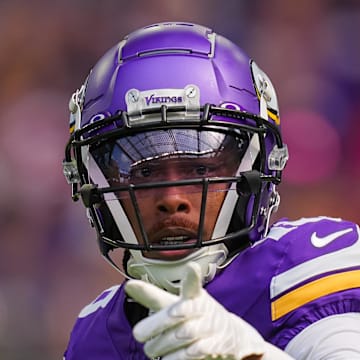 Sep 15, 2024; Minneapolis, Minnesota, USA; Minnesota Vikings wide receiver Justin Jefferson (18) signals the referee against the San Francisco 49ers in the first quarter at U.S. Bank Stadium. Mandatory Credit: Brad Rempel-Imagn Images