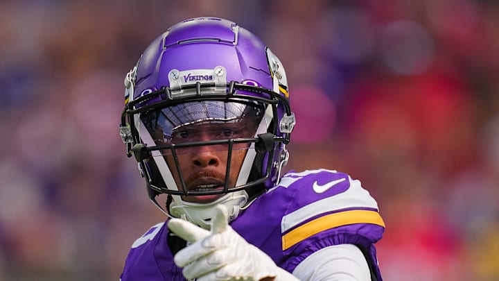 Sep 15, 2024; Minneapolis, Minnesota, USA; Minnesota Vikings wide receiver Justin Jefferson (18) signals the referee against the San Francisco 49ers in the first quarter at U.S. Bank Stadium. Mandatory Credit: Brad Rempel-Imagn Images