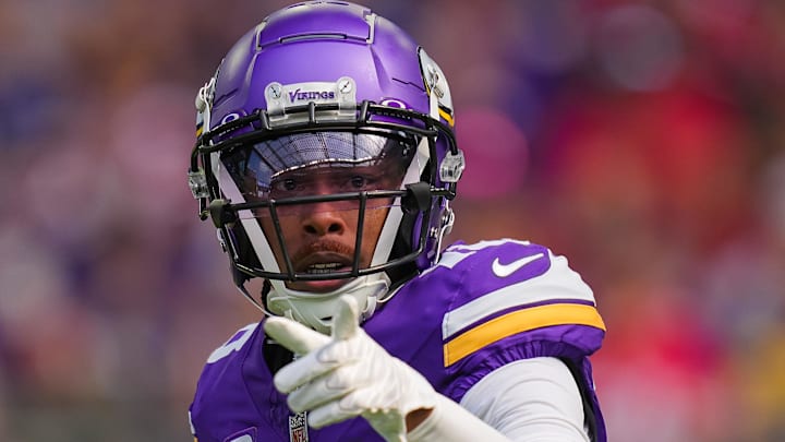 Sep 15, 2024; Minneapolis, Minnesota, USA; Minnesota Vikings wide receiver Justin Jefferson (18) signals the referee against the San Francisco 49ers in the first quarter at U.S. Bank Stadium.