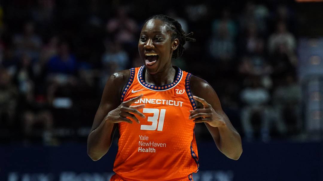 Aug 21, 2025; Uncasville, Connecticut, USA; Connecticut Sun center Tina Charles (31) reacts after his basket against the Washington Mystics in the second half at Mohegan Sun Arena. Mandatory Credit: David Butler II-Imagn Images