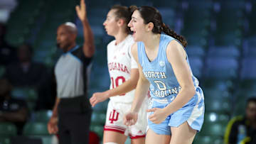 Nov 25, 2024; Paradise Island, Bahamas, BHS; North Carolina Tar Heels guard Lanie Grant (0) reacts after scoring during the first half against the Indiana Hoosiers at the Atlantis Resort. Mandatory Credit: Kevin Jairaj-Imagn Images