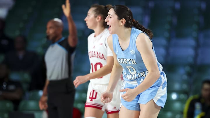 Nov 25, 2024; Paradise Island, Bahamas, BHS; North Carolina Tar Heels guard Lanie Grant (0) reacts after scoring during the first half against the Indiana Hoosiers at the Atlantis Resort. Mandatory Credit: Kevin Jairaj-Imagn Images