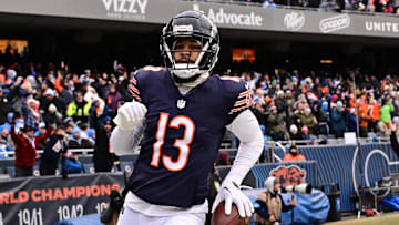 Dec 22, 2024; Chicago, Illinois, USA; Chicago Bears wide receiver Keenan Allen (13) reacts after a touchdown reception against the Detroit Lions during the second quarter at Soldier Field. Mandatory Credit: Daniel Bartel-Imagn Images