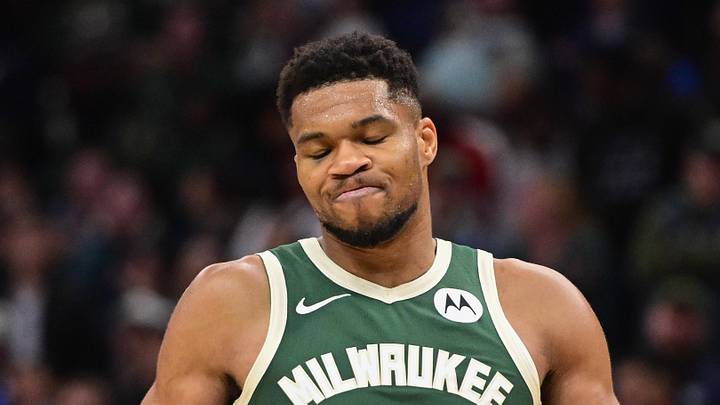 Nov 1, 2025; Milwaukee, Wisconsin, USA; Milwaukee Bucks forward Giannis Antetokounmpo (34) reacts after missing a shot late in the fourth quarter against the Sacramento Kings at Fiserv Forum. Mandatory Credit: Benny Sieu-Imagn Images