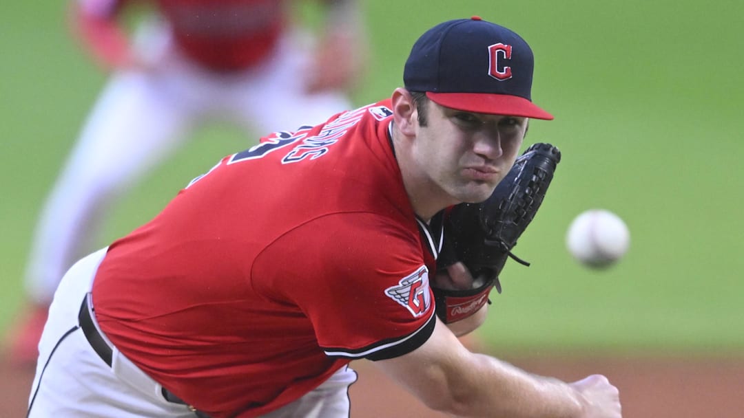 Sep 23, 2025; Cleveland, Ohio, USA; Cleveland Guardians starting pitcher Gavin Williams (32) delivers a pitch in the first inning against the Detroit Tigers at Progressive Field. Mandatory Credit: David Richard-Imagn Images
