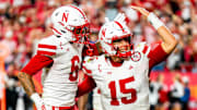 Nebraska Cornhuskers quarterback Dylan Raiola celebrates with wide receiver Dane Key after a touchdown against the Cincinnati Bearcats during the fourth quarter at GEHA Field at Arrowhead Stadium.