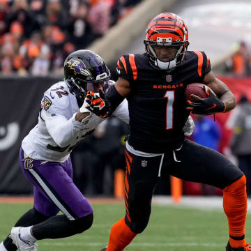 Cincinnati Bengals wide receiver Ja'Marr Chase (1) breaks away from Baltimore Ravens safety Marcus Williams (32) on a reception in the first quarter of the NFL Week 18 game between the Cincinnati Bengals and the Baltimore Ravens at Paycor Stadium in downtown Cincinnati on Sunday, Jan. 8, 2023. The Bengals led 24-7 at halftime.

Baltimore Ravens At Cincinnati Bengals Nfl Week 18