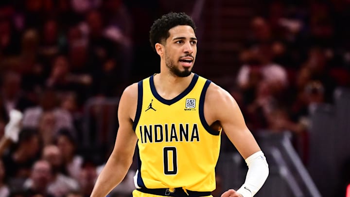 May 13, 2025; Cleveland, Ohio, USA; Indiana Pacers guard Tyrese Haliburton (0) celebrates during the second half against the Cleveland Cavaliers in game five of the second round for the 2025 NBA Playoffs at Rocket Arena. Mandatory Credit: Ken Blaze-Imagn Images May 13, 2025; Cleveland, Ohio, USA; Indiana Pacers guard Tyrese Haliburton (0) celebrates during the second half against the Cleveland Cavaliers in game five of the second round for the 2025 NBA Playoffs at Rocket Arena. Mandatory Credit: Ken Blaze-Imagn Images