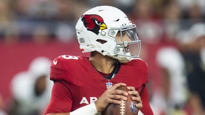 Aug 10, 2024; Glendale, Arizona, USA; Arizona Cardinals quarterback Desmond Ridder (19) against the New Orleans Saints during a preseason NFL game at State Farm Stadium. Mandatory Credit: Mark J. Rebilas-USA TODAY Sports
