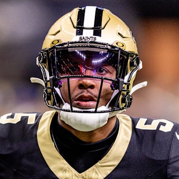Dec 29, 2024; New Orleans, Louisiana, USA;  New Orleans Saints cornerback Will Harris (5) during warm ups against the Las Vegas Raiders at Caesars Superdome. Mandatory Credit: Stephen Lew-Imagn Images