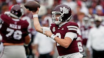 Oct 25, 2025; Starkville, Mississippi, USA; Mississippi State Bulldogs quarterback Blake Shapen (2) throws a pass during the first quarter against the Texas Longhorns at Davis Wade Stadium at Scott Field. Mandatory Credit: Petre Thomas-Imagn Images