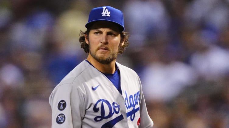 Los Angeles Dodgers pitcher Trevor Bauer reacts.